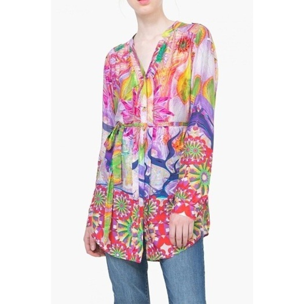 Desigual Tunic Shirt XS Multicolor Floral Silk Blend Psychedelic Artsy Colorful